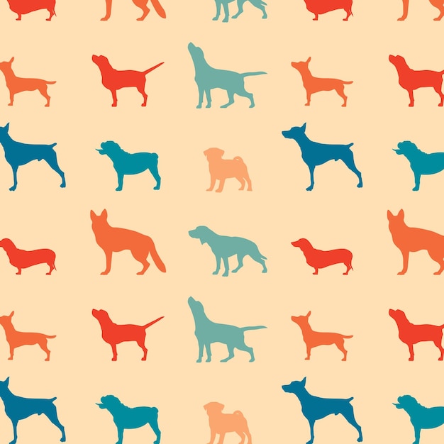 Patrón transparente de vector simple con diseño plano de ilustración de vector de silueta de perro con perros