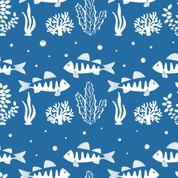 Patrón transparente de vector sobre un fondo azul Peces y algas en estilo de dibujos animados Playa de verano