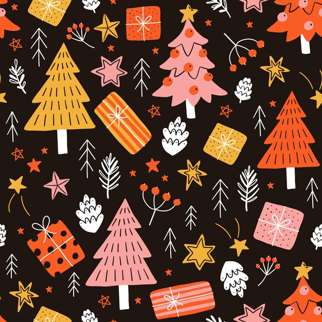 Patrón transparente de vector sobre fondo negro Abetos y regalos de Navidad en estilo de garabato simple Ideal para carteles de tarjetas navideñas y diseño