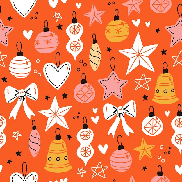Patrón transparente de vector sobre fondo rojo Juguetes de árbol de Navidad y decoraciones para vacaciones de invierno Textura de invierno acogedor para papel de regalo y otros