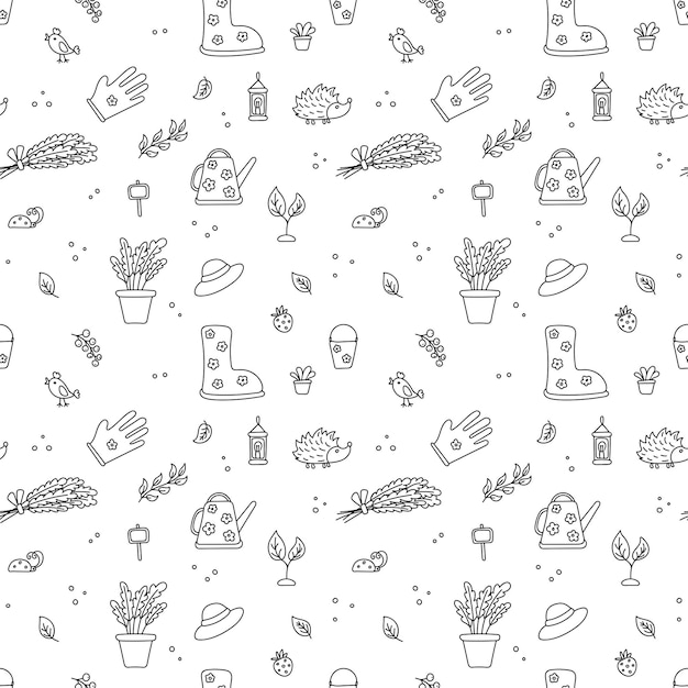 Patrón transparente de vector sobre tema de jardinería en estilo doodle