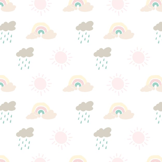 Patrón transparente de vector con sol de arco iris dibujado y nubes textura infantil escandinava para capas de tela textiles papel pintado ropa ilustración sobre un fondo blanco