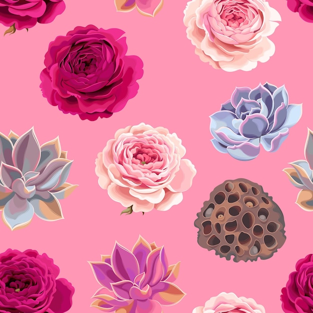 Patrón transparente de vector con suculentas y rosas muy detalladas sobre fondo rosa