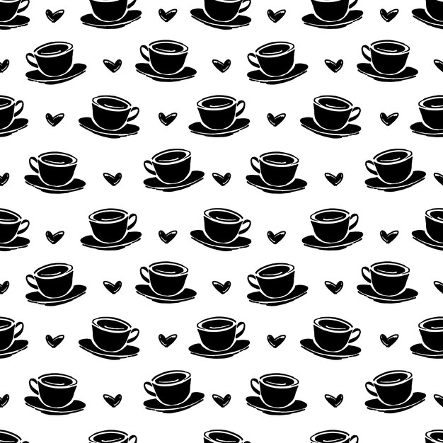 Patrón transparente de vector con taza de café o té y corazones dibujados a mano Fondo monocromático simple