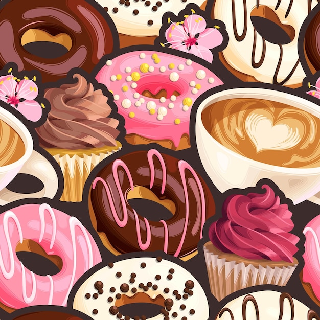 Patrón transparente de vector con tazas de café, donas glaseadas multicolores y cupcakes