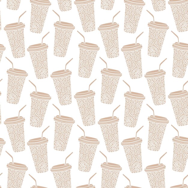 Patrón transparente de vector con tazas de café para llevar con pajitas y granos de café dentro de fondo repetible beige y blanco