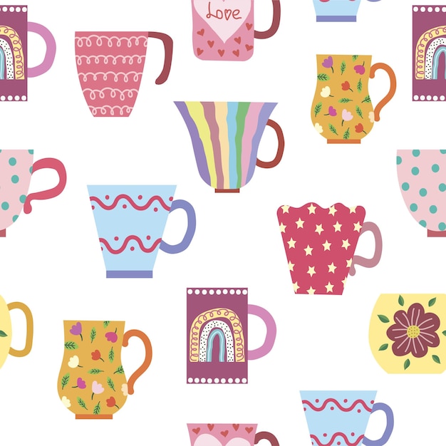 Patrón transparente de vector de tazas vintage. Dibujado a mano con un estilo escandinavo ingenuo. Colores pastel, rosa, azul, gris. Para el diseño de superficies, estampados, papel de regalo, tela.