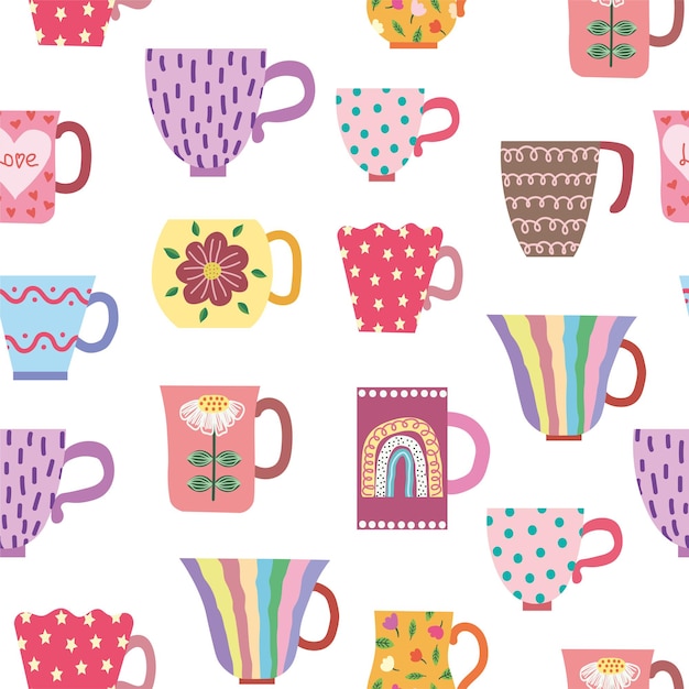 Patrón transparente de vector de tazas vintage. Dibujado a mano con un estilo escandinavo ingenuo. Colores pastel, rosa, azul, gris. Para el diseño de superficies, estampados, papel de regalo, tela.