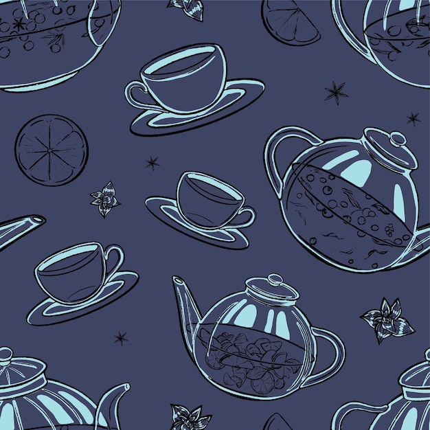 Patrón transparente de vector de tiempo de té. Adorno de tetera y tazas en estilo de boceto vintage. Diseño de bebidas calientes para papel pintado, envoltura, fondo, decoración.