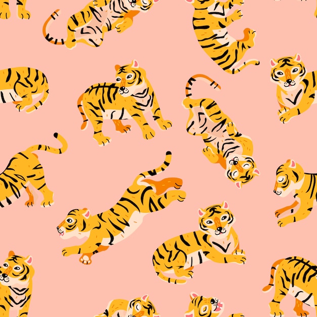 Patrón transparente de vector con tigres en estilo infantil de dibujos animados de moda.