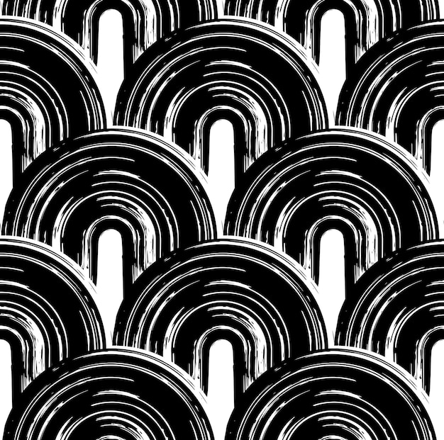 Patrón transparente de vector de trazo de pincel de pintura negra. Líneas curvas dibujadas a mano formando ondas.