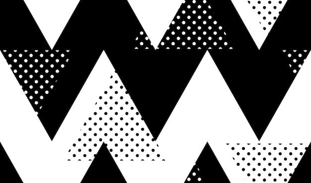 Patrón transparente de vector. triángulo lineal puntiagudo geométrico abstracto en blanco y negro, azulejos elegantes con diferentes adornos, ilustración retro. fondo simple de rombo perforado