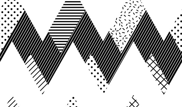Patrón transparente de vector. Triángulo lineal puntiagudo geométrico abstracto en blanco y negro, azulejos elegantes con diferentes adornos, ilustración retro. Fondo simple de rombo perforado