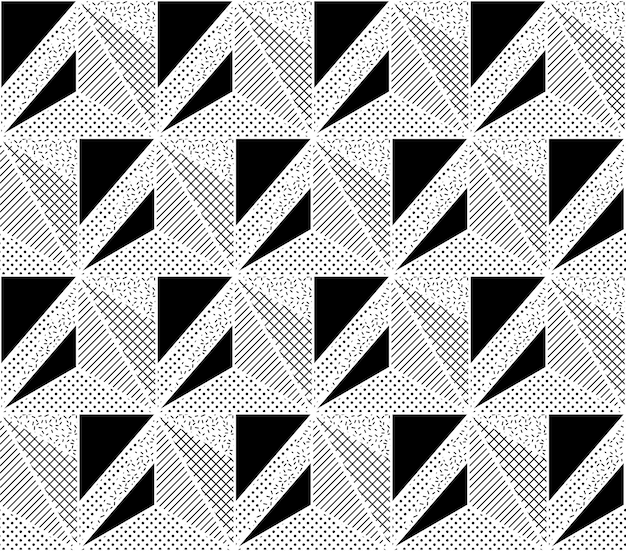 Patrón transparente de vector. Triángulo lineal puntiagudo geométrico abstracto en blanco y negro, azulejos elegantes con diferentes adornos, ilustración retro. Fondo simple de rombo perforado