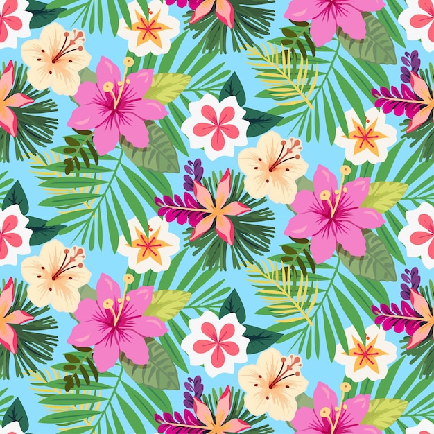 Patrón transparente de vector con varias hojas tropicales y flores sobre fondo azul