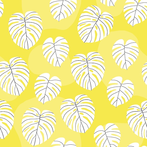 Patrón transparente de vector de verano con hojas de monstera estilizadas blancas sobre fondo amarillo brillante