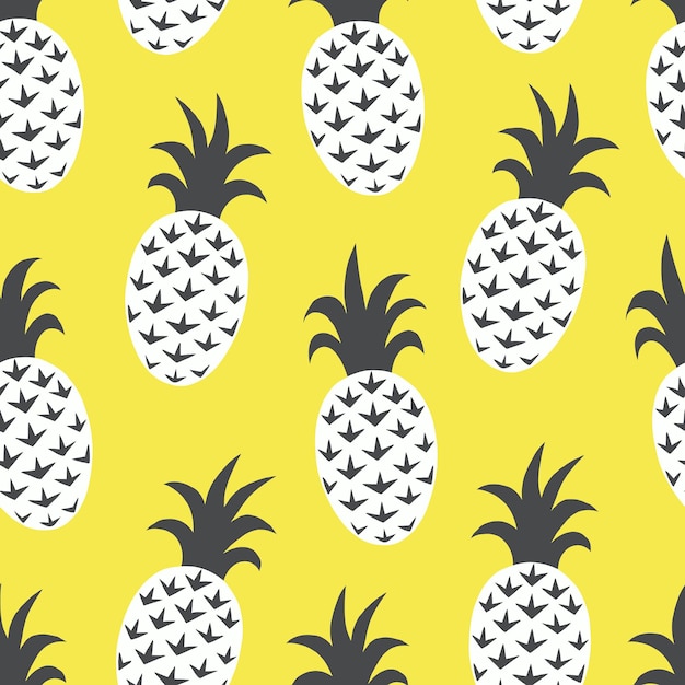 Patrón transparente de vector de verano con piñas estilizadas en blanco y negro sobre fondo amarillo brillante