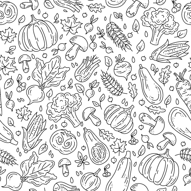 Patrón transparente de vector con verduras y champiñones para la cosecha