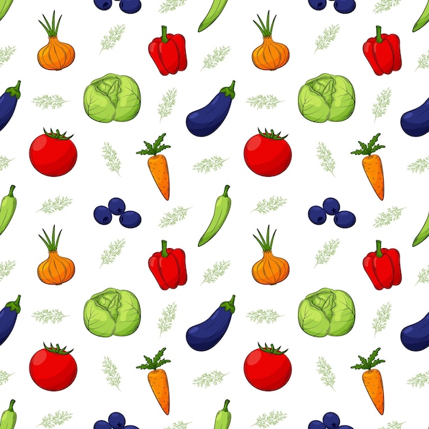 Patrón transparente de verano brillante con diferentes verduras y hierbas Productos vegetales naturales alimentos frescos con un contorno en un estilo dibujado a mano Ilustración de vector de color sobre un fondo blanco