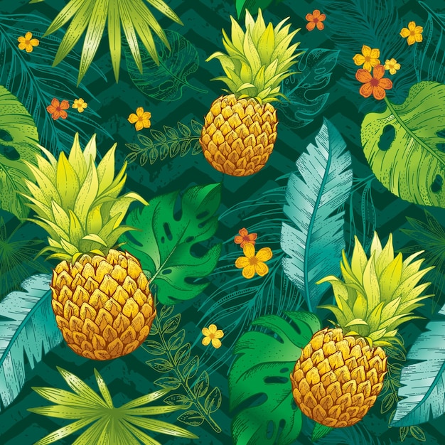 Patrón transparente de verano con piñas Flores de frutas tropicales y hojas de palma y monstera en estilo boceto Fondo dibujado a mano vectorial con ananas de frutas exóticas y plantas de la selva