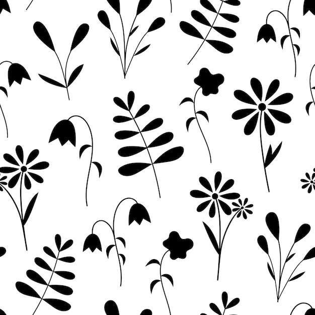Patrón transparente de verano vectorial con flores pequeñas negras mínimas Impresión de siluetas florales simples