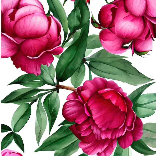 Patrón transparente vintage floral con peonías de flores rosas y hojas verdes