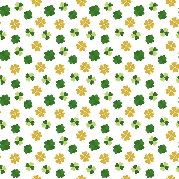 Patrón con tréboles verdes y amarillos sobre un fondo blanco para decoración festiva