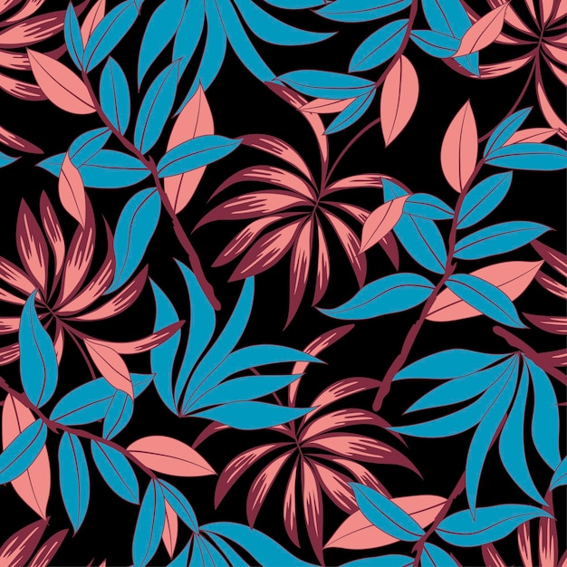 Patrón tropical abstracto sin costuras con plantas brillantes y hojas sobre un fondo negro