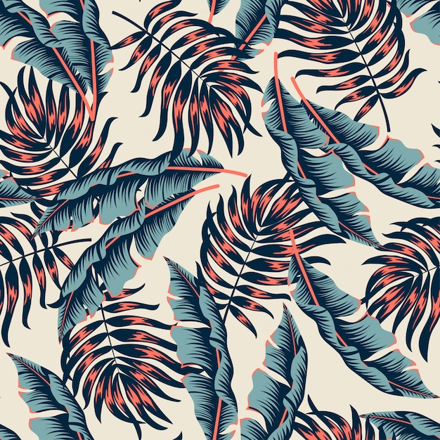 Patrón tropical abstracto sin fisuras con plantas brillantes y hojas en un beige