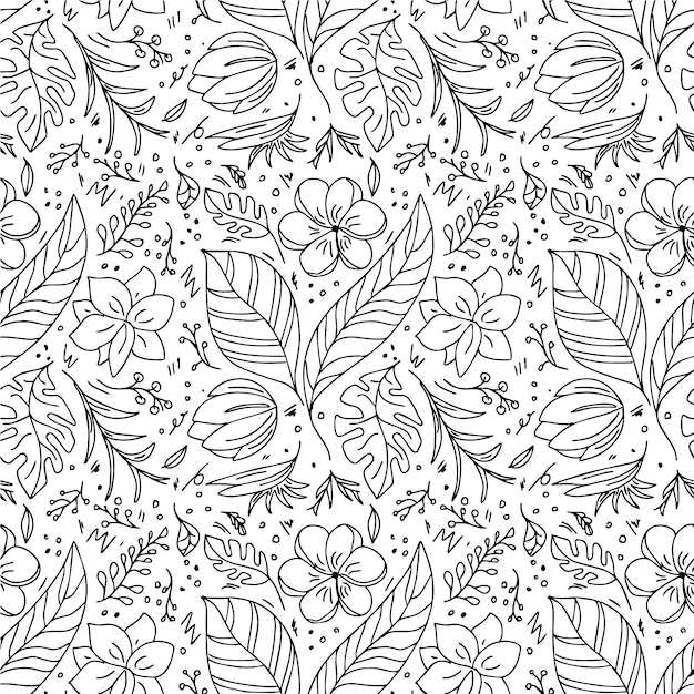 Patrón tropical sin costuras en el arte de línea Blanco y negro