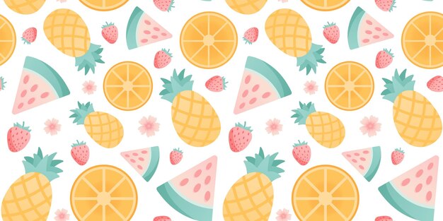 Patrón tropical sin costuras con frutas y bayas sobre fondo blanco