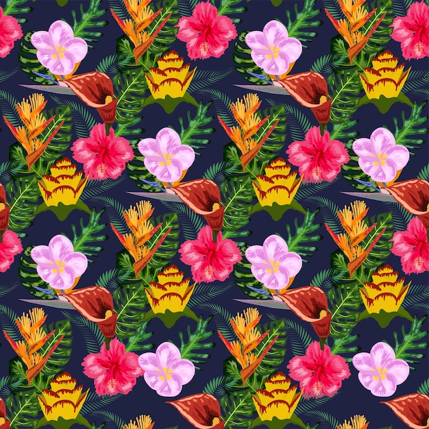 Patrón tropical sin costuras con hojas de monstera de palma y muchas flores de hibisco sterlitz tropical