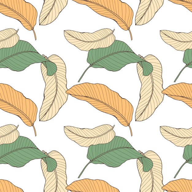 Patrón tropical sin costuras con hojas de plátano en tonos naranja y verde sobre un fondo blanco