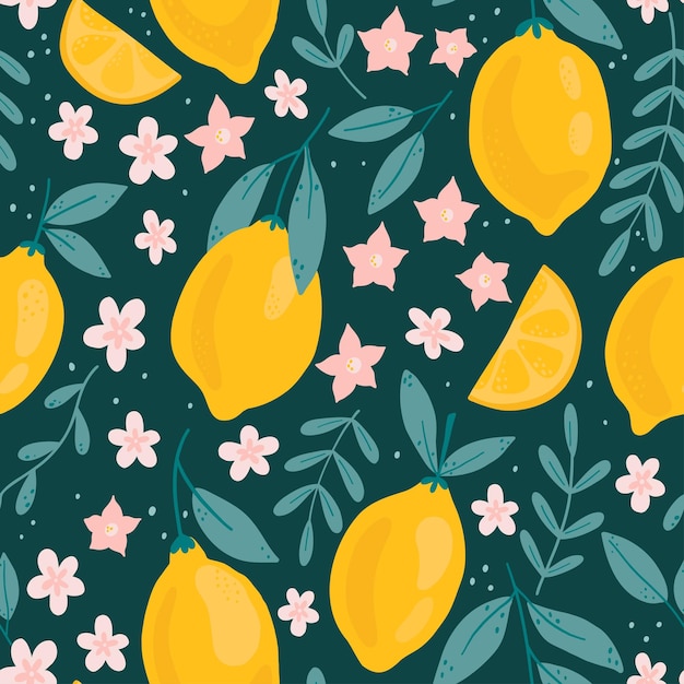 Patrón tropical sin costuras con limones amarillos sobre fondo oscuro. Texturas dibujadas a mano de moda. Fruta