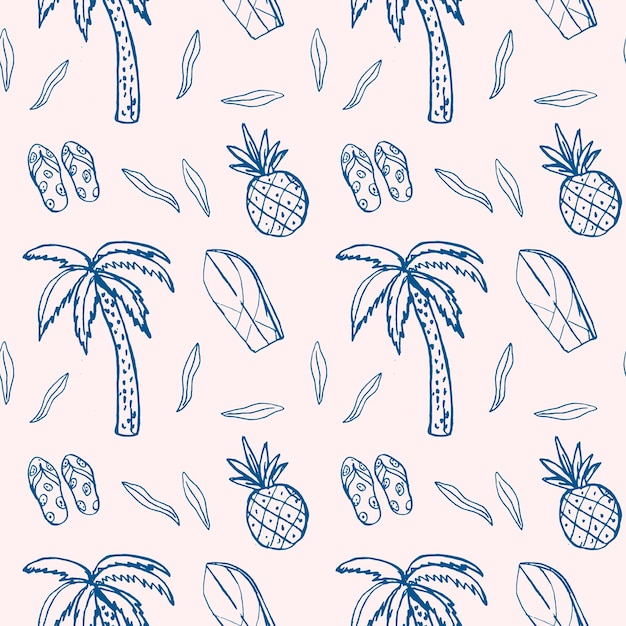Patrón tropical sin costuras con palmeras piñas flip flops hojas y tablas de surf