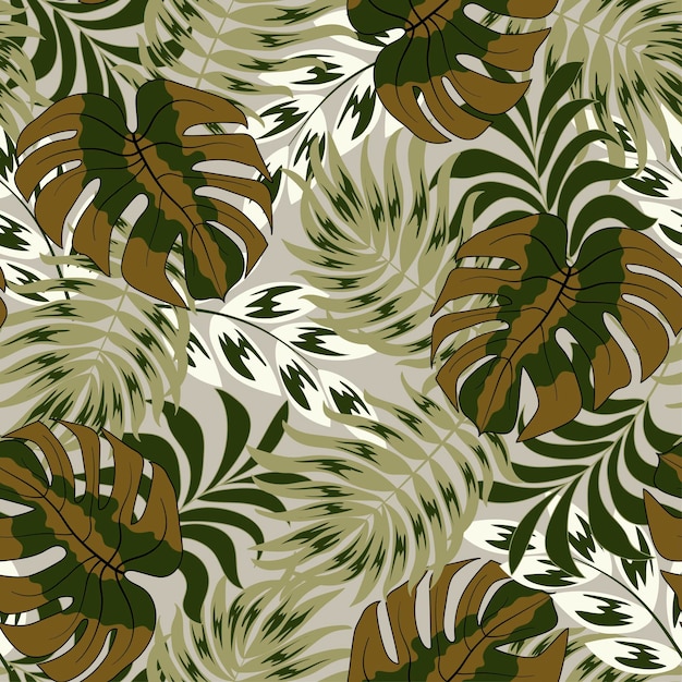 Patrón tropical sin costuras de verano con plantas brillantes y hojas sobre un fondo gris
