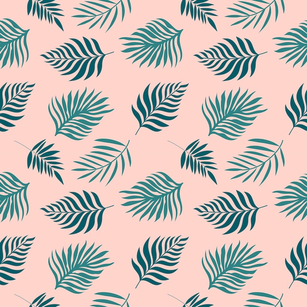 Patrón tropical dibujado a mano con hojas de palma verdes diseño vectorial sin costuras en fondo de melocotón