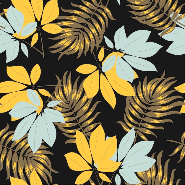 Patrón tropical sin fisuras de moda con plantas y hojas de colores brillantes sobre un fondo negro
