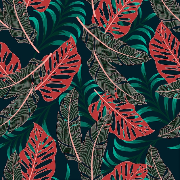 Patrón tropical sin fisuras de moda con plantas y hojas de colores brillantes sobre un fondo negro
