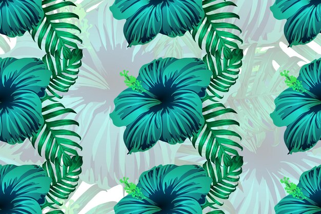 Patrón tropical. fondo de vector de flor de verano exótico azul verde. monstera de moda de belleza, hojas de palma y flores de hibisco. estampado interminable de la selva tropical hawaiana. diseño de trajes de baño naturales.