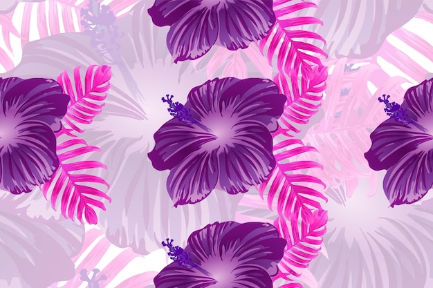 Patrón tropical. Fondo de vector de flor de verano exótico magenta rosa rojo. Monstera de moda de belleza, hojas de palma y flores de hibisco. Estampado interminable de la selva tropical hawaiana. Diseño de trajes de baño naturales.