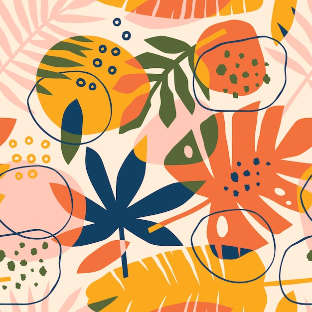 Patrón tropical moderno abstracto con hojas y plantas brillantes.