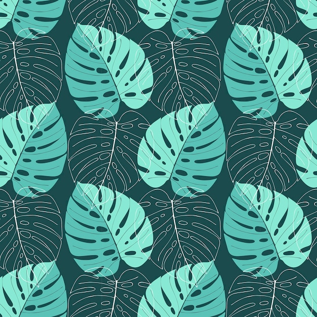 Patrón tropical con siluetas y contornos de hojas de follaje de monstera en fondo oscuro