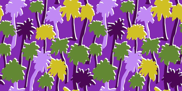 Patrón tropical transparente creativo con palmera Telón de fondo floral de verano Fondo de palma de hojas exóticas Diseño de estilo Doodle para cubierta de envoltura de superficie de impresión textil de tela