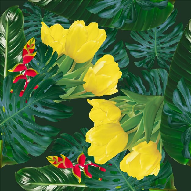 patrón tropical de verano sin fisuras con flores exóticas fondo vectorial hojas de palma y flores