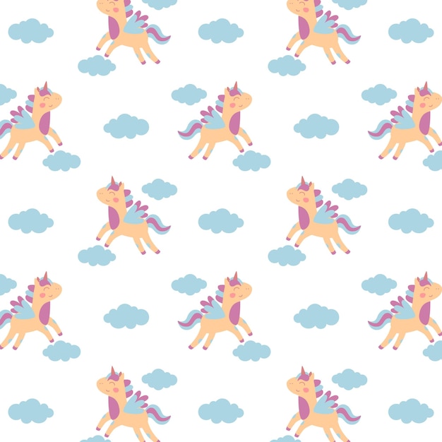 Patrón de unicornio sin costuras con nubes en diseño vectorial pastel
