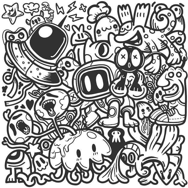 Patrón urbano grunge abstracto con super dibujo de carácter monstruo en ilustración de vector de estilo graffiti