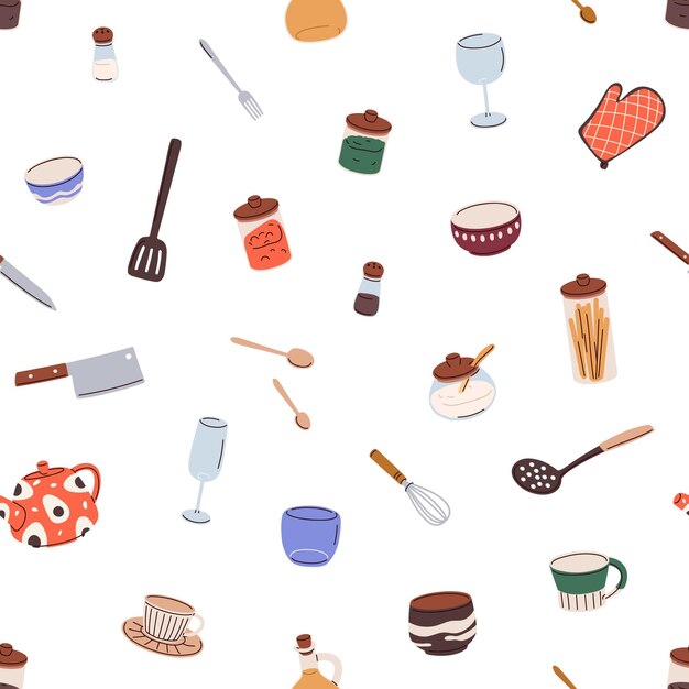 Patrón de utensilios de cocina.Fondo sin costura, utensilios de cocina, utensilios y cubiertos. Herramientas de cocina, utensilios de cocina, cosas, impresión repetitiva. Diseño de textura sin fin para la tela. Ilustración vectorial gráfica plana de colores.