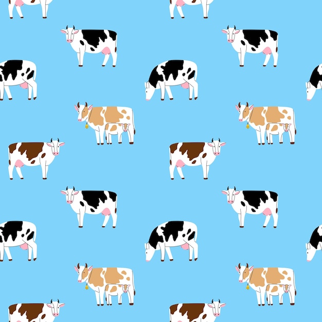 Patrón de vaca Lindos animales de granja sobre fondo azul Dibujado a mano divertido dibujo contemporáneo Decoración textil papel de regalo diseño de papel tapiz Impresión para tela Dibujos animados plano aislado ilustración vectorial