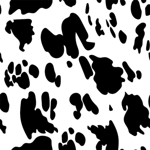 Patrón de vaca Textura sin costuras con efecto de imitación de piel de animal doméstico Manchas negras en blanco Impresión animal para plantilla de paquete de productos textiles y lácteos Cuero de vaca de vector